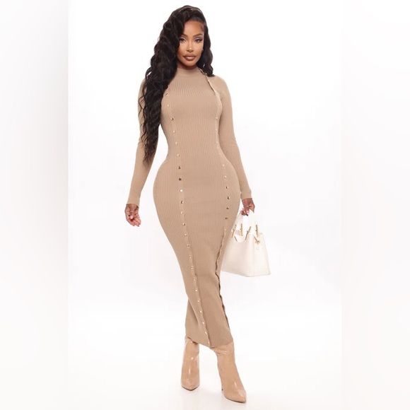 Fashion Nova Dresses & Skirts - Fashion Nova Oh Snap Sweater Maxi Long Sleeve Dress Taupe NWT